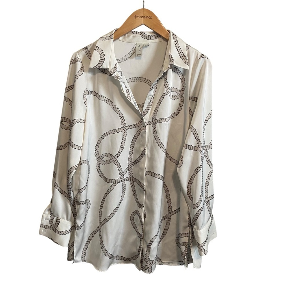 Joie White Satin Equestrian Rope Print Button Down Collared Shirt Size Medium